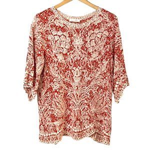 Solitaire Women's Top Tunic Embroidered Size Medium 3/4 Sleeve Rayon Pullover